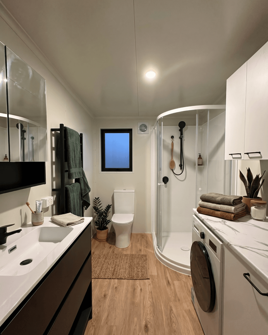 Transportable home bathroom with corner shower, floating vanity and integrated laundry