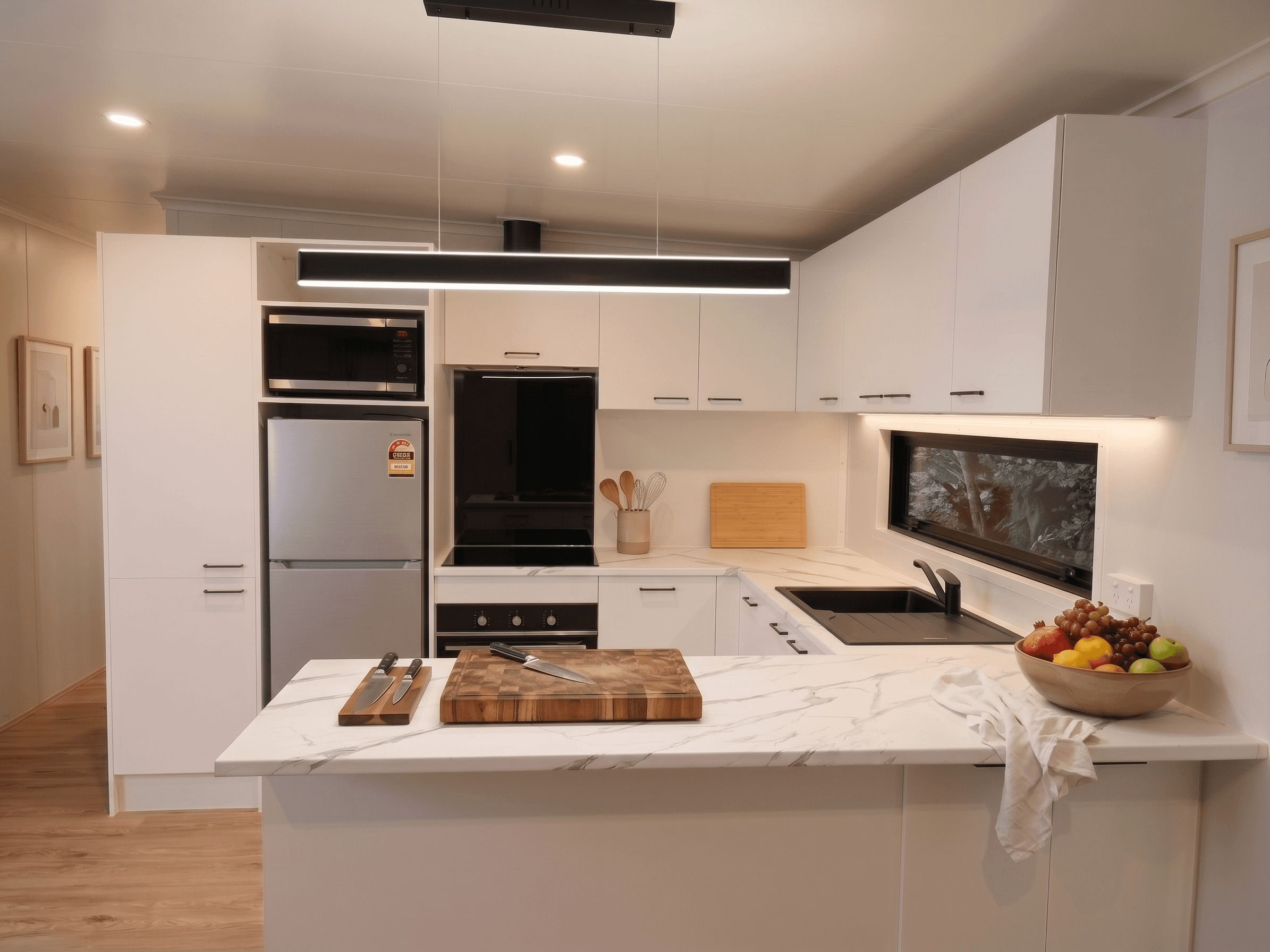 Modern kitchen with white cabinetry, stainless appliances and marble benchtop
