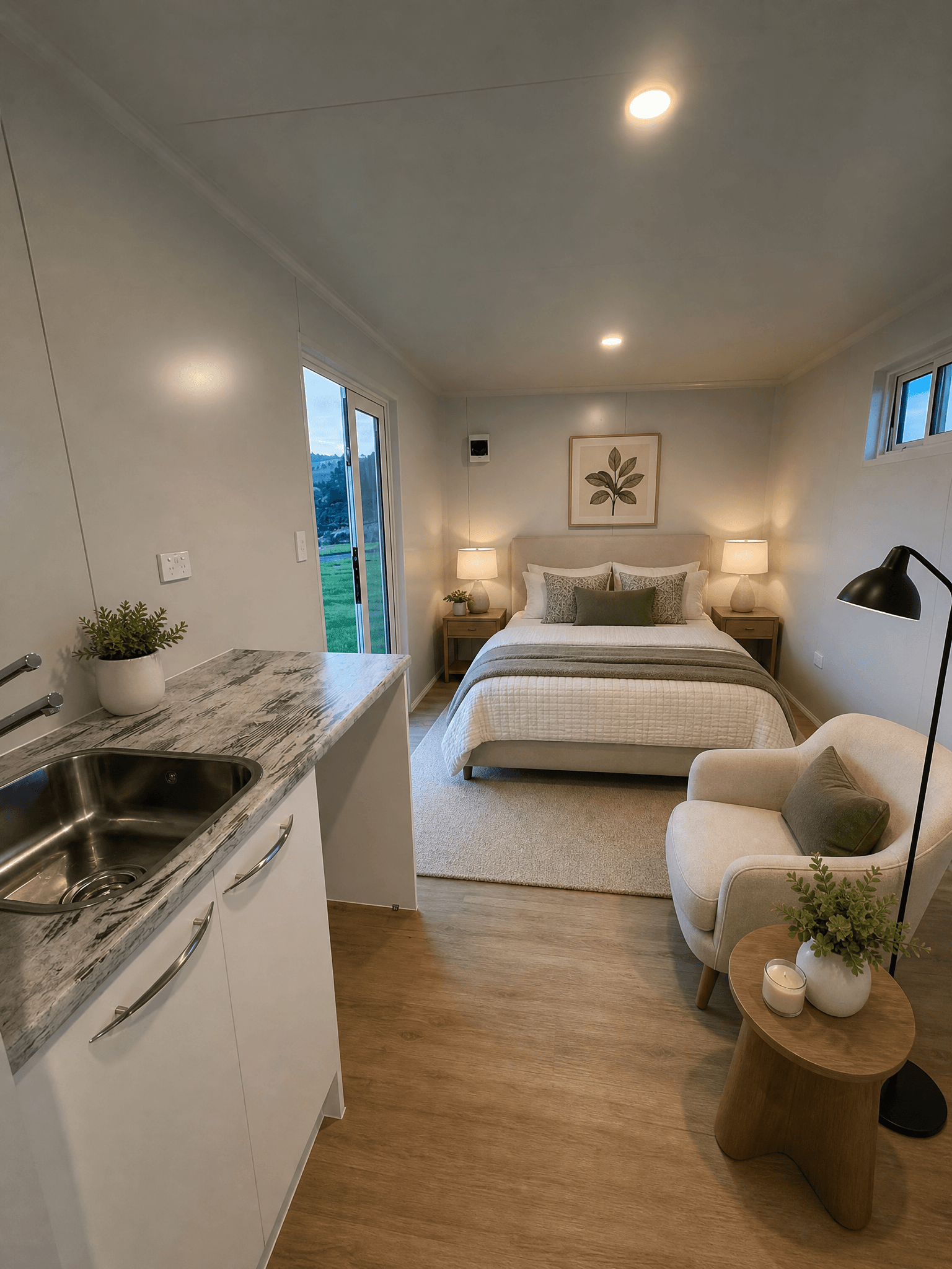 5.4×2.7 granny flat tiny home interior render — open-plan kitchen, bedroom and lounge