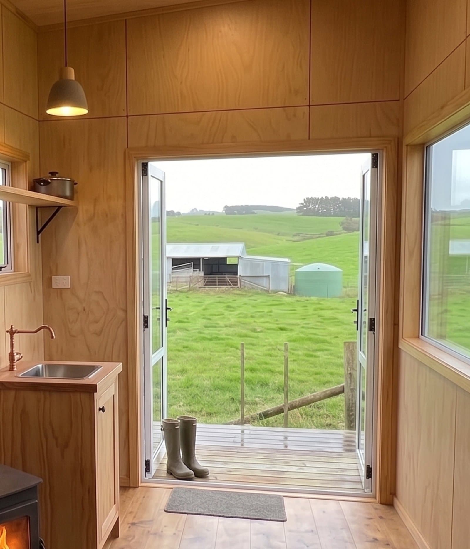 Interior of an SHS farm worker cabin — living space looking out to paddocks through French doors