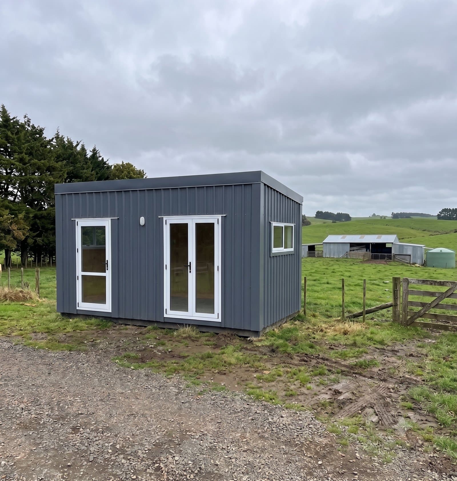 SHS grey tiny home cabin with French doors on an NZ farm