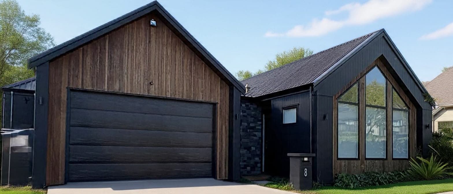 Double-modular transportable home with cedar and dark Coloursteel® gable, double garage and full-height glazing