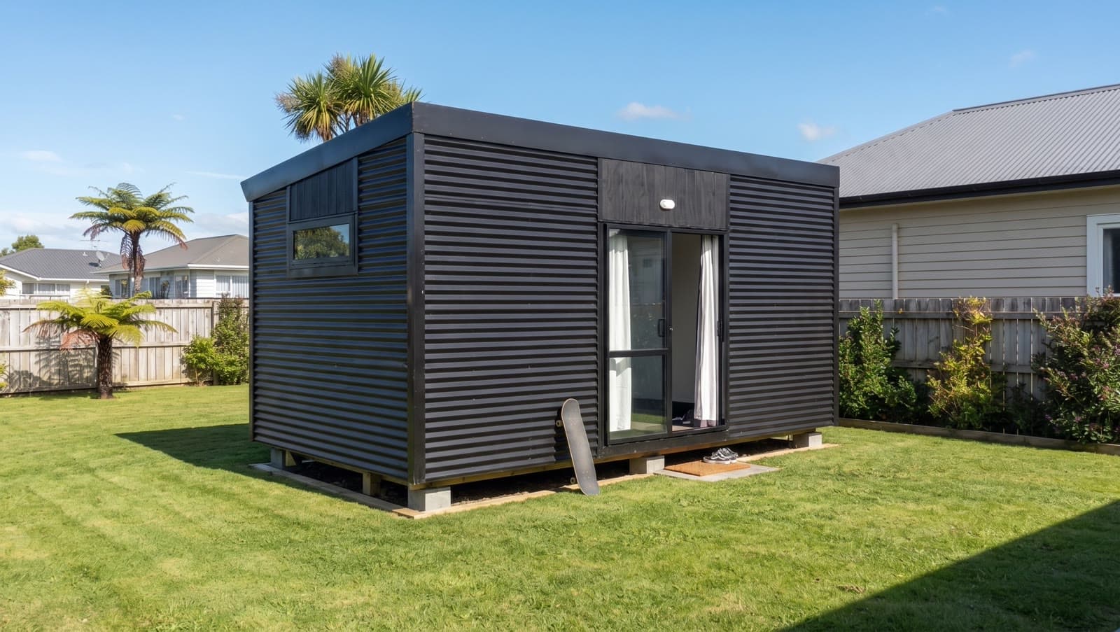 Black corrugated 6×3 sleepout on piles in a suburban backyard with cabbage tree and blue sky