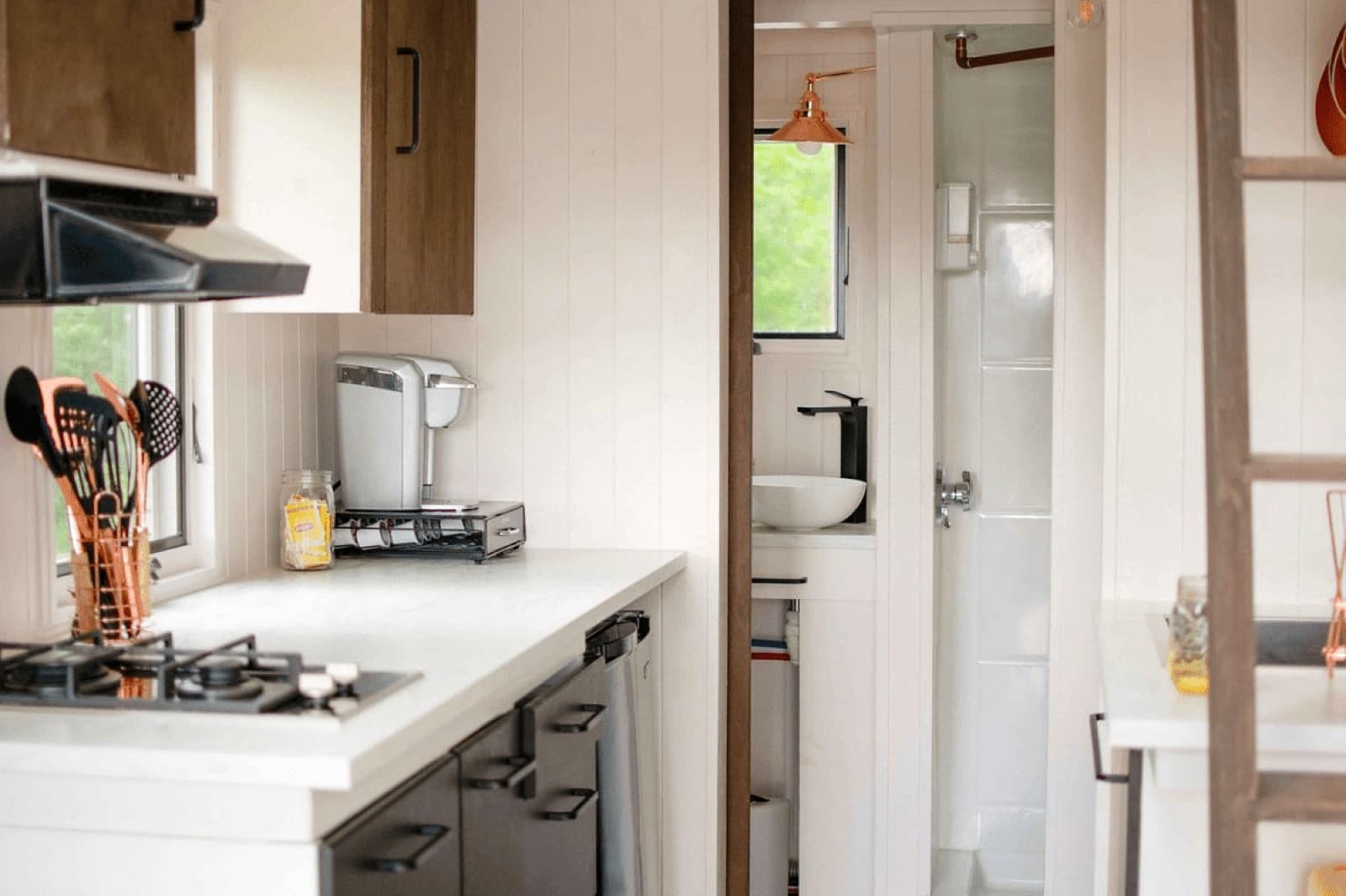 Tiny home interior bedroom with built-in storage