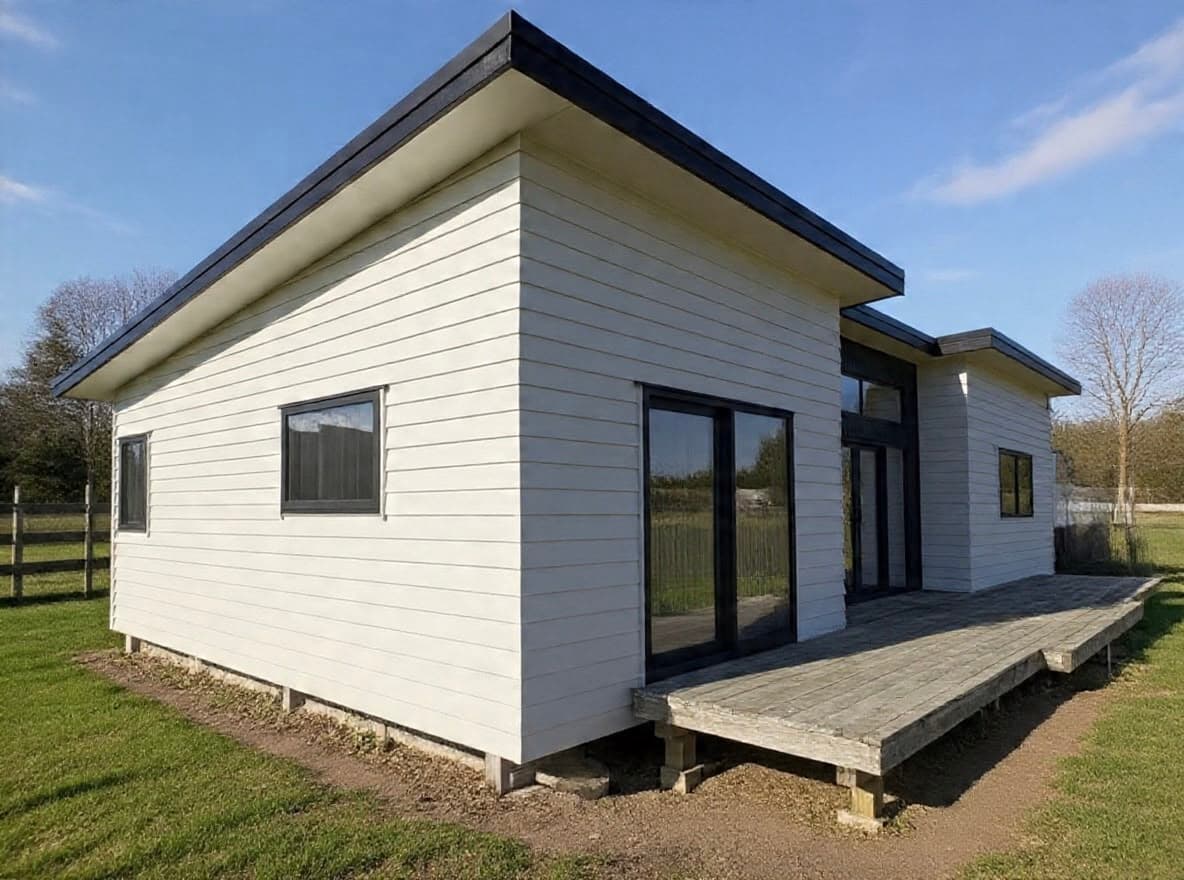 White NZ-made 3-bedroom transportable home with black trim and timber deck