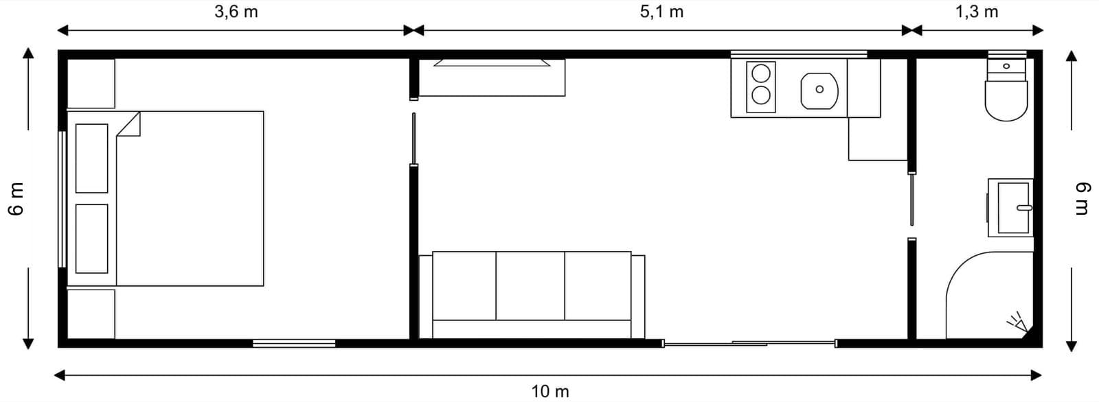 10m × 6m One bedroom Tiny Home floor plan