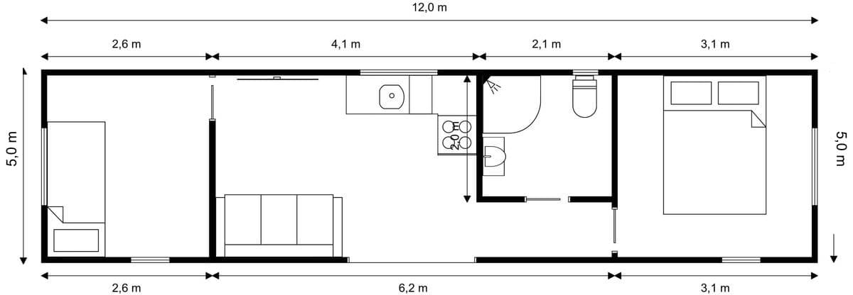 12m × 5m Two bedrooms Tiny Home floor plan