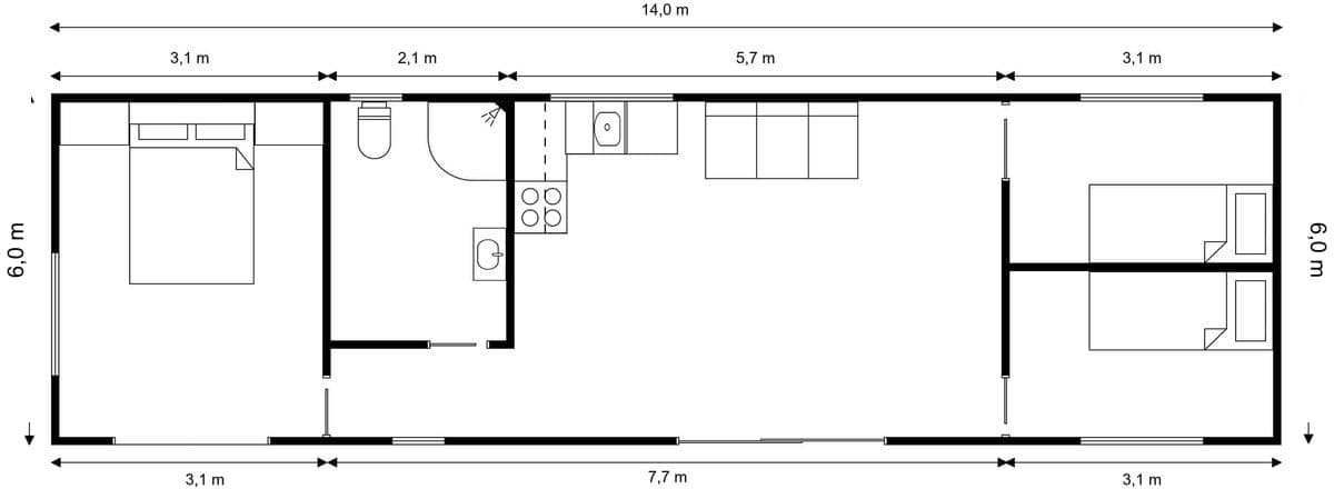 14m × 6m Three bedrooms Transportable Home floor plan