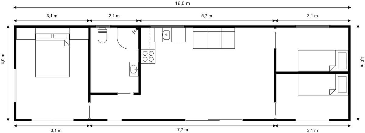 16m × 4m Three bedrooms Transportable Home floor plan