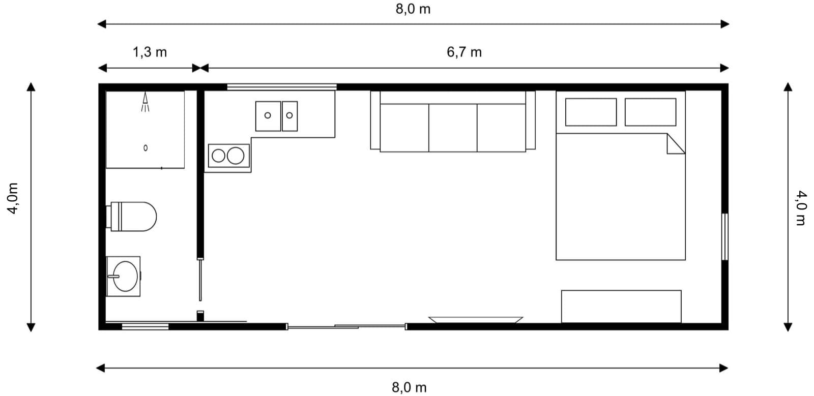 8m × 4m One bedroom Tiny Home floor plan