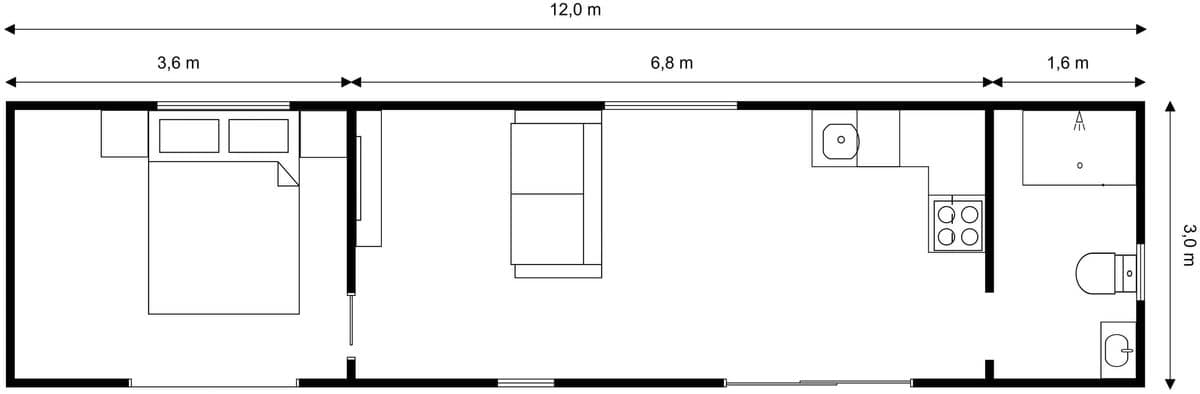 12m × 3m One bedroom Tiny Home floor plan