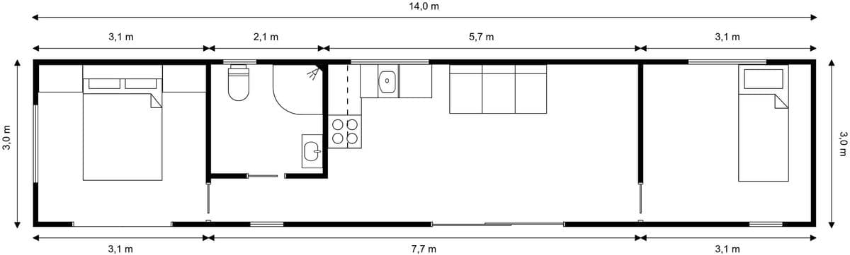 14m × 3m Two bedrooms Tiny Home floor plan