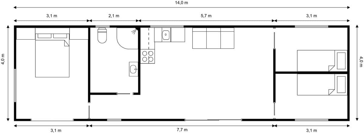 14m × 4m Three bedrooms Tiny Home 2D floor plan